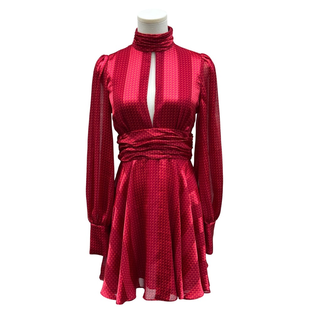 Alexis Hadiza Dress XS Red Pink Geo Keyhole Long Sleeve Cocktail Mini Date Night
